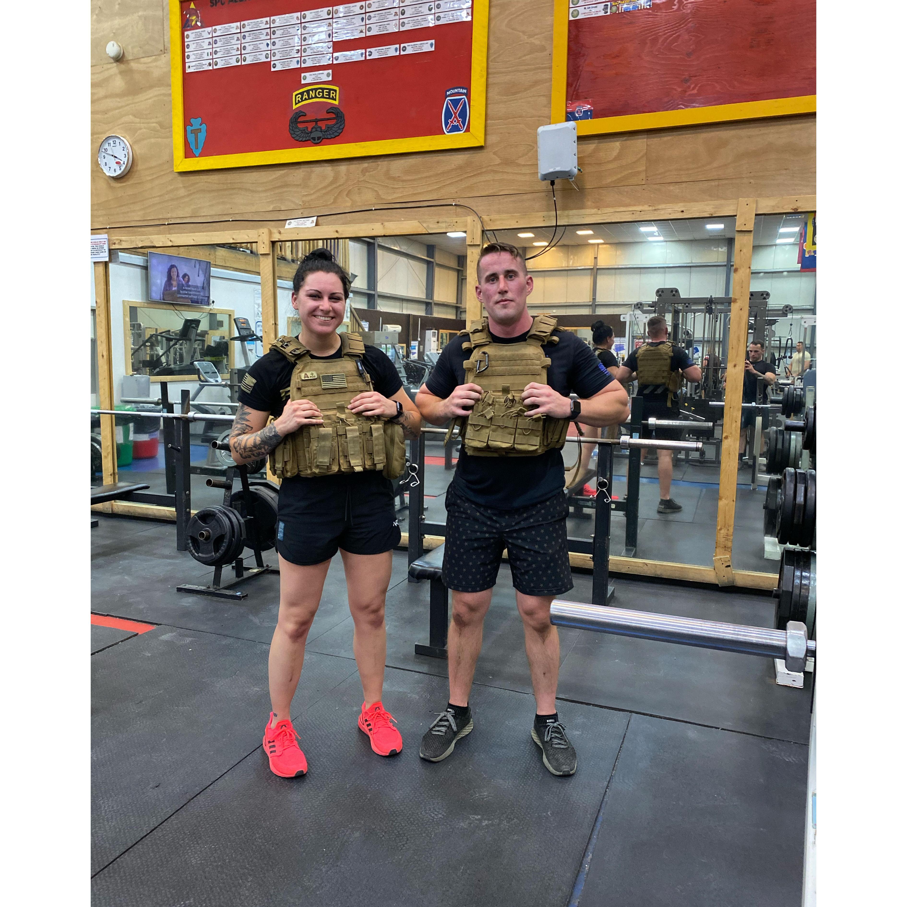 Completing our first MURPH workout together. in Iraq This sucked and Courtney was rocking Strep throat.