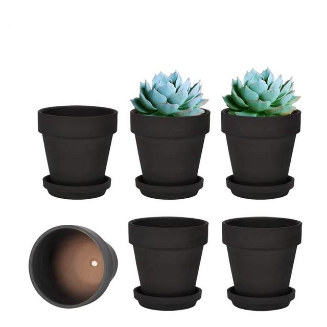 4 Inch Black Clay Pot for Plant with Saucer - 6 Pack Small Terra Cotta Plant Pot with Drainage Hole, Flower Pot with Tray, Terracotta Pot for Indoor Outdoor Plant