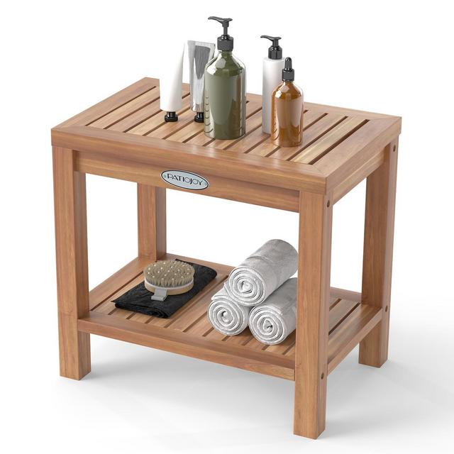 Costway 19 Inch Teak Wood Shower Bench Inside Shower Stool w/ Storage Shelf for Adults