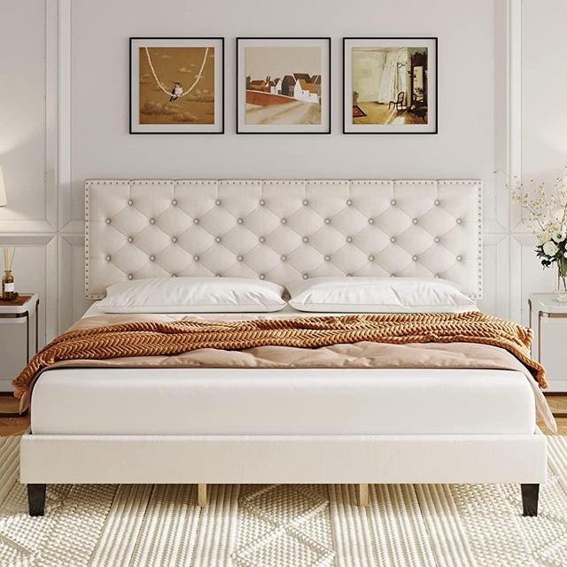 HOSTACK King Size Bed Frame, Modern Upholstered Platform Bed with Adjustable Headboard, Heavy Duty Button Tufted Bed Frame with Wood Slat Support, Easy Assembly, No Box Spring Needed(Beige, King)