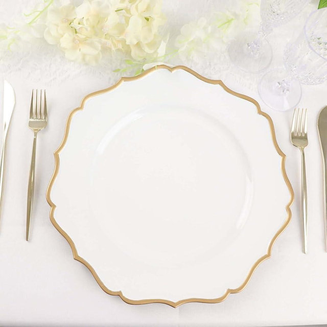 Efavormart 6 Pack | White & Gold 13" Round Scallop Rim Plastic Charger Plates, Tabletop Dinnerware Decor