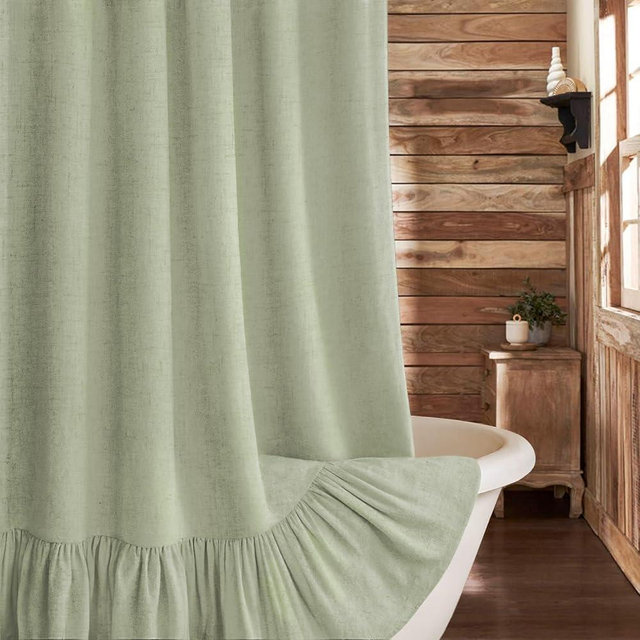 XOGUIBO Farmhouse Shower Curtain with Ruffle Hem Linen Flax Green Shower Curtains for Bathroom Country Vintage Rustic Natural Fabric, 72" W x 72" L