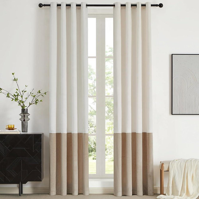 BULBUL Color Block Window Curtains Panels 108 inches Long Cream Ivory Champagne Velvet Farmhouse Drapes for Bedroom Living Room Darkening Treatment with Grommet Set of 2