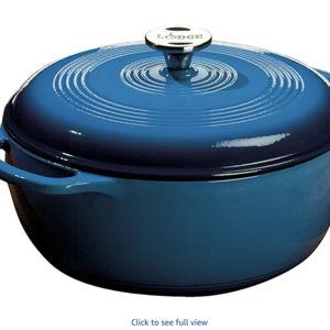 Lodge 6 Quart Enameled Cast Iron Dutch Oven with Lid – Dual Handles – Oven Safe up to 500° F or on Stovetop - Use to Marinate, Cook, Bake, Refrigerate and Serve – Blue