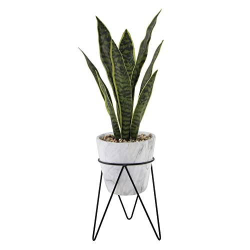 Flora Bunda Artificial Plant 1.75 feet Tall Snake Plant in 8 inch Marble Finish Cement Planter on Metal Stand Mid Century