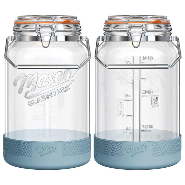 Dwbligt 2 Packs 1 Gallon Glass Jars with Airtight Lids, Wide Mouth Mason Jars with Clip Top & Stainless Steel Handle & Silicone Base, Glass Storage Containers for Kitchen Storage, Pickling-Dual Scale