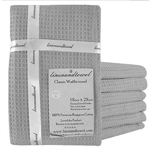 Linen and Towel Dish Towels | 6-Pack 130 Thread Count Ring Spun Cotton Classic Waffle | Large 18"x28" | Kitchen Dish Towels (Grey)