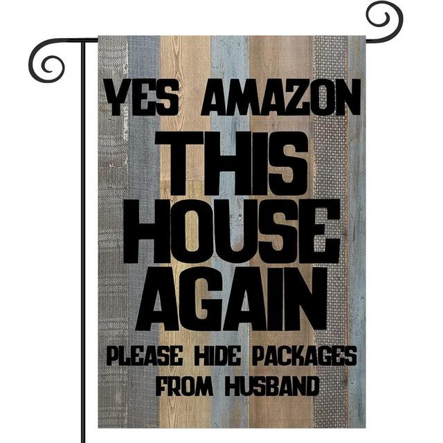 Garden Flag Double Sided, Yes Amazon This House Again, Please Hide Packages from Husband, Outdoor Decorations for Home Outside Front Porch House Farmhouse, Buffalo Check Plaid Burlap Small Rustic Flag 12.5 x 18 Inch