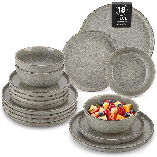 vancasso ANYA 18 Pieces Plates and Bowls Set, Stone Grey Dinnerware Sets, Reactive Glaze Dishes Set for 6, Ceramic Dishware Sets Kitchen Dinner Set, Microwave & Dishwasher Safe