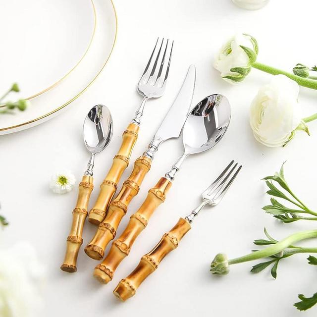 90 Piece bamboo silverware set bamboo handled Stainless Steel flatware Set, Household Kitchen Utensil Flatware Sets for 18, Cutlery Sets, Dishwasher Safe