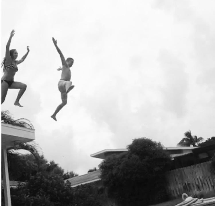 July 2013: Also from Kirk's first trip to CB "When the surf stinks, you jump off stuff.." we jumped off my neighbors roof into the pool