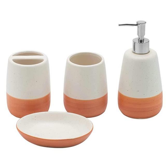 Farhouse Bathroom accesory Set 4pc,Toothbrush Holder soap Dispenser soap Dish Tumble Cup for Bathroom Decor and Gift Country Home Decor(Orange)
