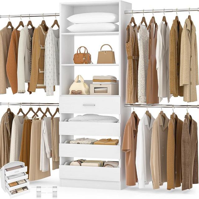 Aheaplus Closet System, 4-9Ft Closet Organizer with 4 Wooden Drawers, Wood Closet Organizer System with Tower, Walk-in Closet Organizer Wardrobe Clothes Rack with 4 Hanging Rods, Garment Rack, White