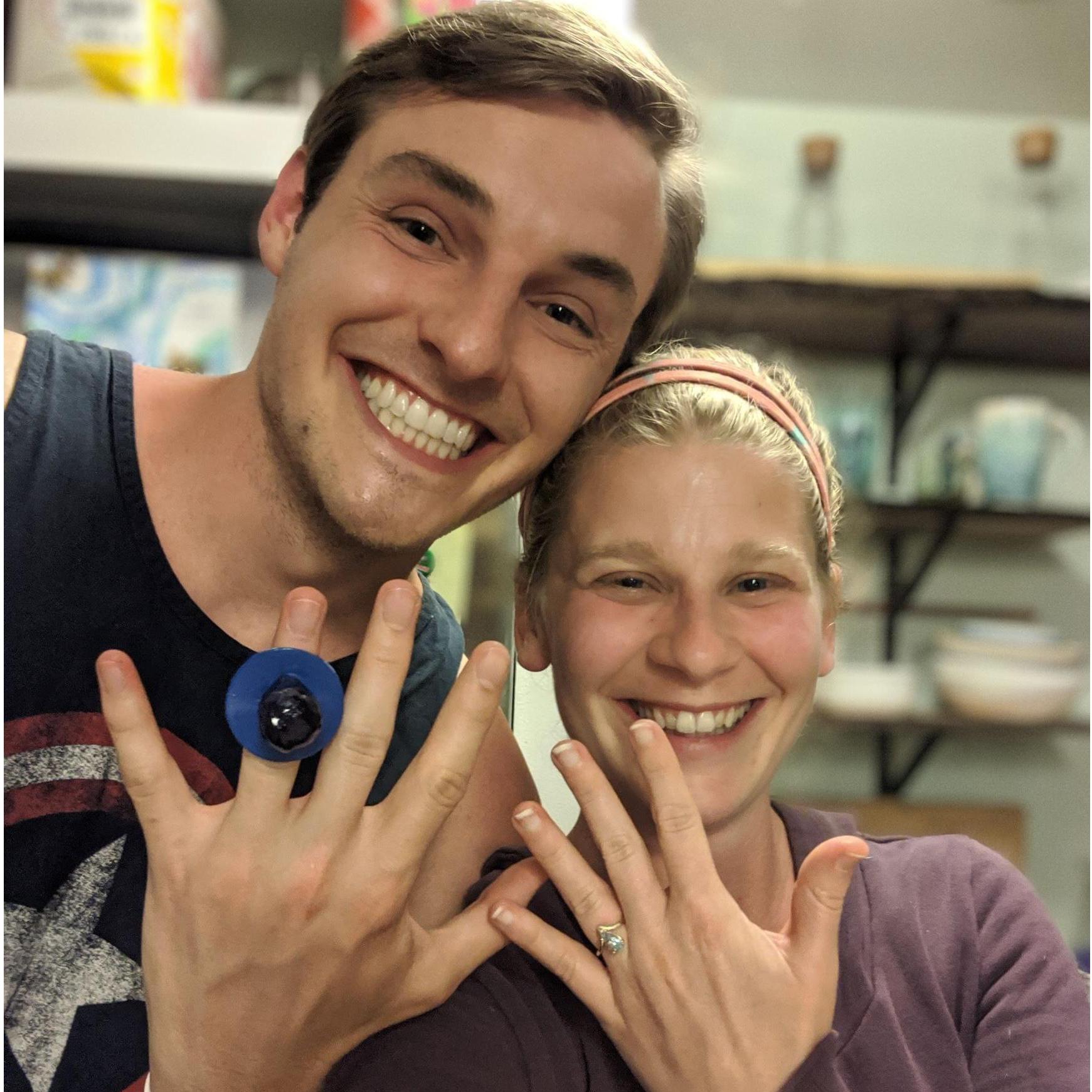 Andrew asked me to marry him on the back porch over Thai takeout. My ring had gotten "COVID quarantined" with my sister & Andrew proposed as soon as he got it! Then I proposed to him with a ring pop