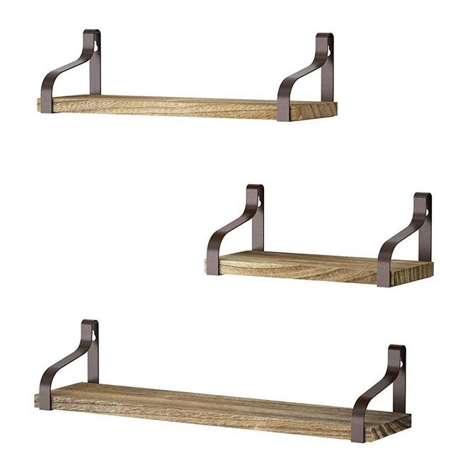 Love-KANKEI Floating Shelves Wall Mounted Set of 3, Rustic Wood Wall Storage Shelves for Bedroom, Living Room, Bathroom, Kitchen, Office and More Carbonized Black/Brown Brackets