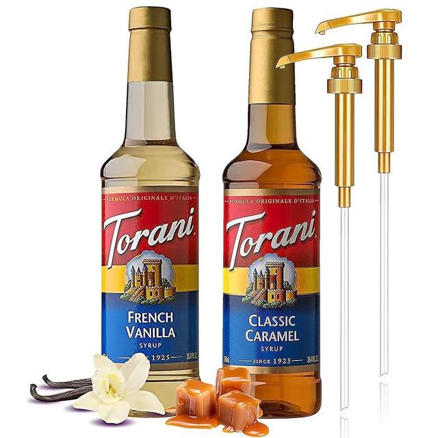 Coffee Syrup Variety Pack - French Vanilla & Caramel Syrup for Coffee with 2 Jimoco Syrup Pump Dispenser Compatible with Torani Syrup 25.4 Ounces for French Vanilla & Caramel & French Vanilla Flavored Coffee, Italian Soda, Lattes, Frappes
