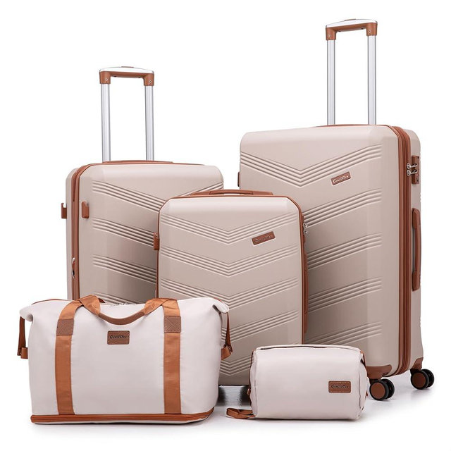 CONCEPTEN Expandable Luggage Sets 5 Piece, Hard Case Suitcase Set with Spinner Wheels,22x14x9 Airline Approved Carry on,Lightweight Durable Suitcase with TSA Lock (Beige)