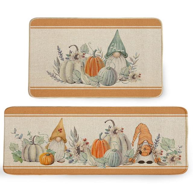 GEEORY Fall Kitchen Mats, Set of 2 Pumpkins Gnomes Stripe Floor Mat Farmhouse Seasonal Holiday Party Decorations 17x29 and 17x47 Inch (Orange) GK069