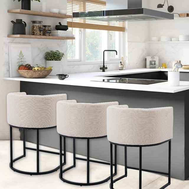 RIVOVA Contemporary Cream Linen Bar Stools Set of 3, 24" Upholstered Fabric Counter Height Barstools Kitchen Counter Island Stools with Screwed Together Black Metal Base