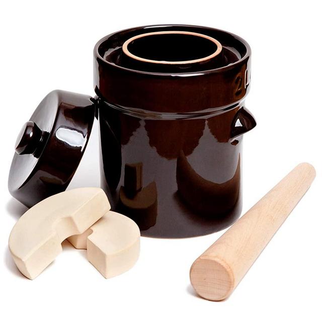 Kenley Fermentation Crock Jar 2 Liter - Stoneware Pot for Fermenting or Pickling Kimchi, Sauerkraut, Pickles, Vegetables, Kombucha - 0.5 Gallon Ceramic Fermenter with Weights, Lid and Pounder