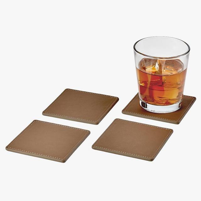 French Handcrafted Leather Square Coasters, Set of 4 - Latte