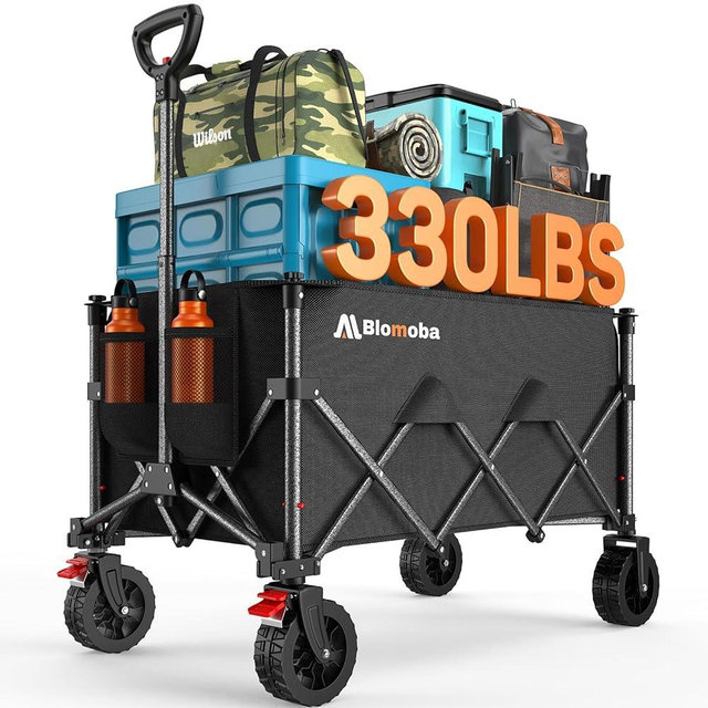 Blomoba Folding Wagon Cart with Wheels, 180L 330LBS Heavy Duty Utility Wagon, Beach Wagon with All-Terrain Wheels, Portable Grocery Wagons for Camping, Shopping, Garden, Sports, Black