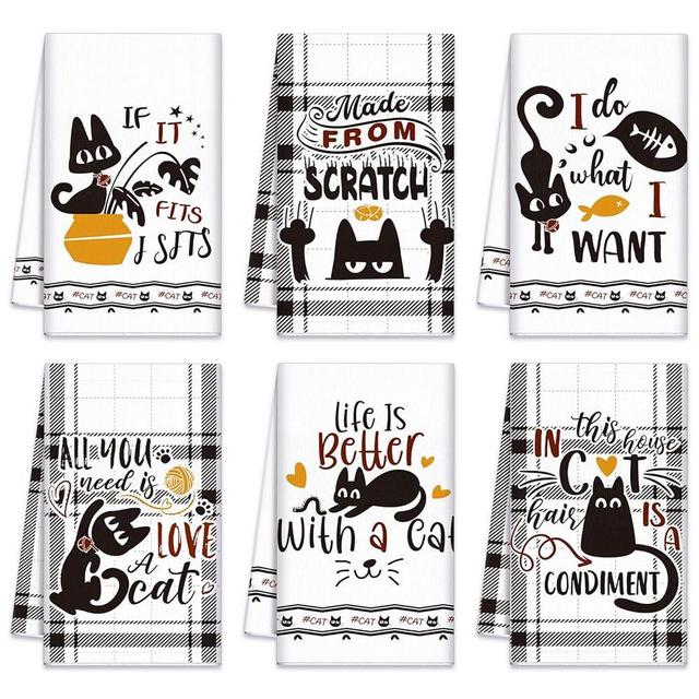 Redbaker 6 Pcs Black Cat Theme Kitchen Towels Funny Dish Towel Kitchen Hand Towels Decorative Tea Towels with Hanging Loop for Bathroom Home Housewarming Gift (Black, White,Cat)