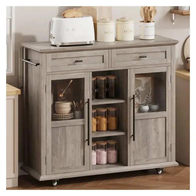 Acekool 41" Mobile Farmhouse Kitchen Island with Drop Leaf, Glass Door Cabinets, Open Shelves, 2 Drawers, Towel Bar, Black/Wood
