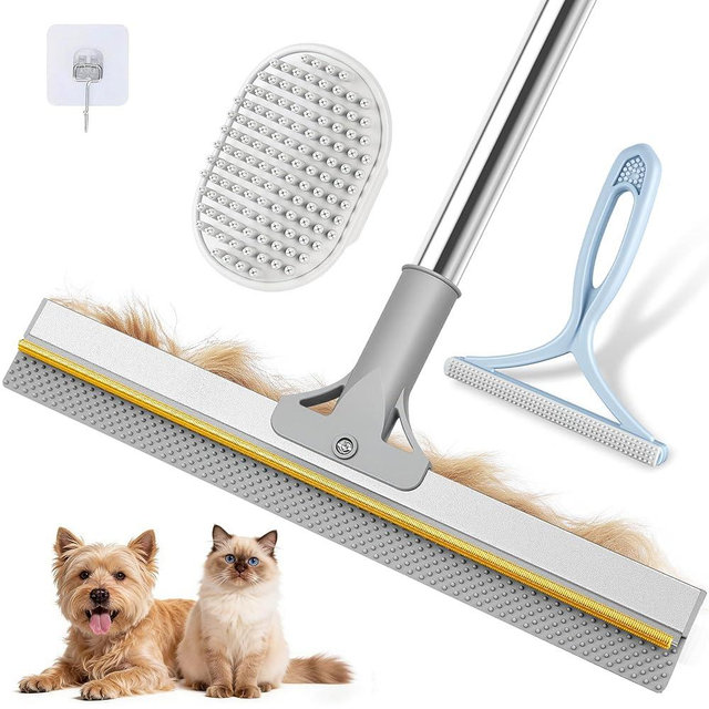 Skrmisda Carpet Rake for Pet & Human Hair Removal, Reusable Pet Hair Remover Tool with 54 Inch Adjustable Long Handle, 3 Piece Carpet Scraper Set, Easy Assembly for Rugs, Carpets, Couch and Furniture