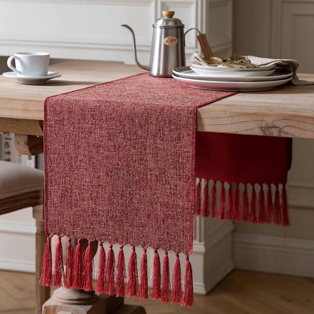 ZeeMart Red Table Runners 60 Inches Long, Burlap Linen Style Rustic Farmhouse Table Runner, Boho Woven Dining Table Runner, 13x60 Inches, Red