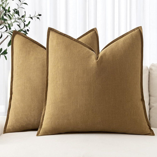 MIULEE Decorative Linen Euro Sham Pillow Covers 24x24 Mustard Yellow ​Boho Farmhouse​ ​Neutral Couch Throw Pillows for Bed Pack of 2 Accent Modern Pillowcase Summer Sofa Livingroom Home Decor