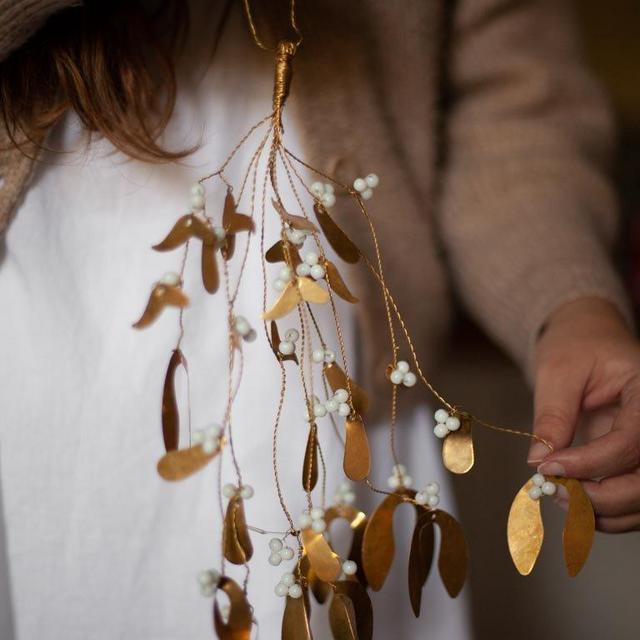 Brass Leaf and Glass Bead Mistletoe