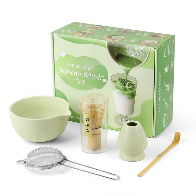 Matcha Whisk Set, Matcha Bowl with Spout, Matcha Whisk & Holder, Stainless Sifter and Bamboo Scoop, Complete Matcha kit Gift for Matcha Lovers & Starter