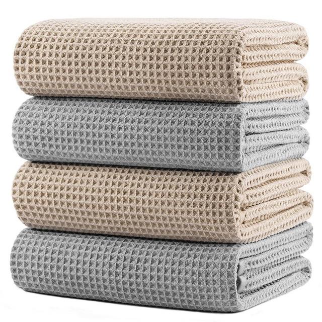 POLYTE 430 GSM Microfiber Oversize Quick Dry Lint Free Bath Towel, 60 x 30 in, 4 Pack (Waffle Weave)