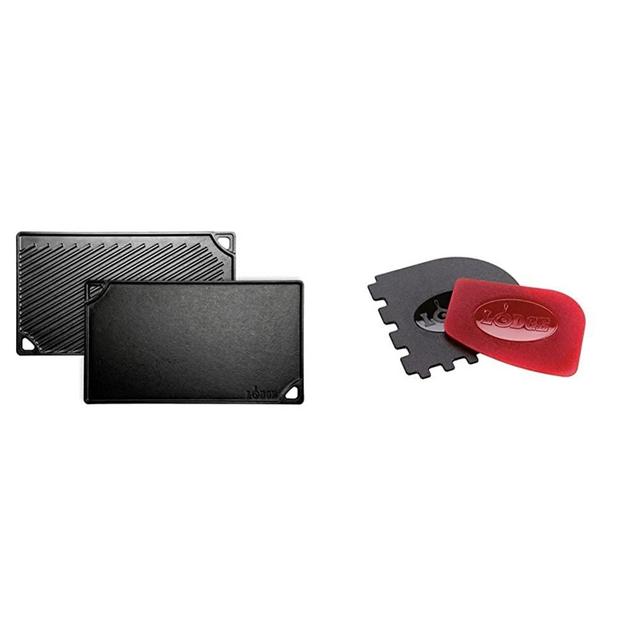 Lodge LDP3 Reversible Grill/Griddle, 9.5-inch x 16.75-inch & SCRAPERCOMBO Pan and Grill Scraper, Set of 2