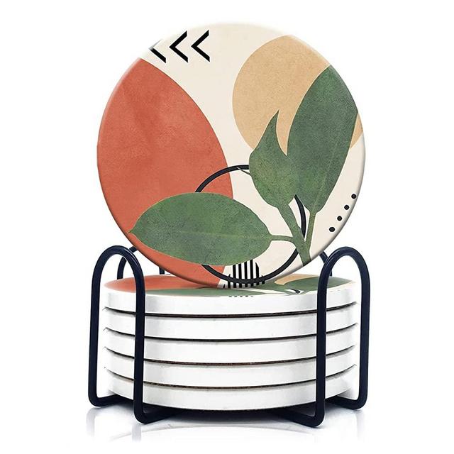 HOPONY Coasters for Drinks,6 Pieces Ceramic Stone Coaster Set with Metal Holder Stand, Cork Base,Absorbent Cups Place Mats for Home Decor,Abstract Leaf