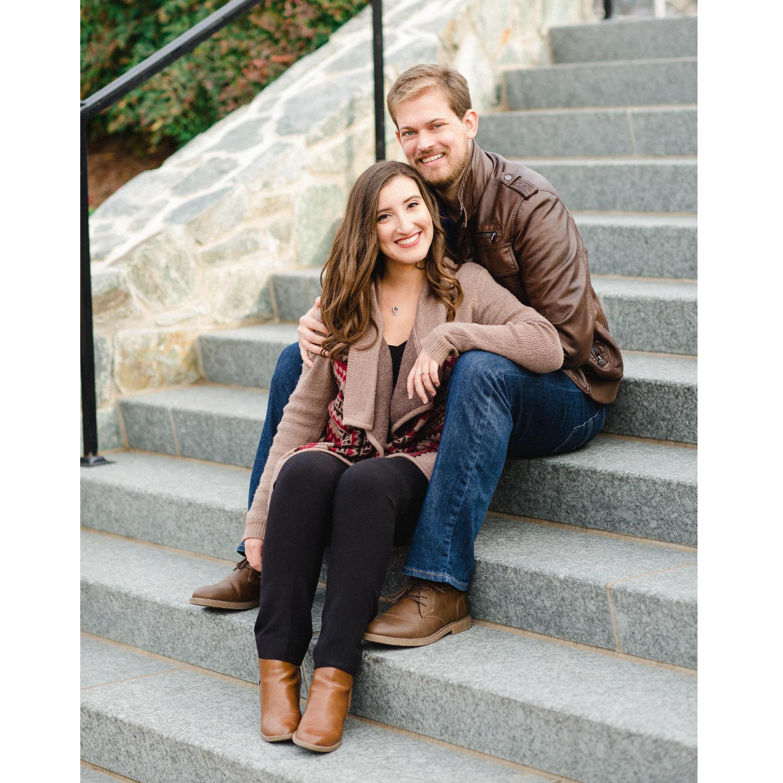 From engagement photo shoot in Fairfax, Virginia. Chris almost manages to pull off a brown leather jacket in this photo. (Edit by Raquel: He TOTALLY pulls it off.)