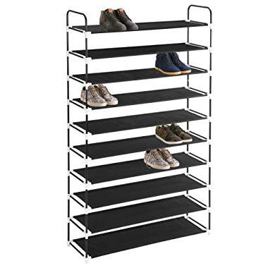 MaidMAX 10 Tiers Free Standing Shoe Rack for 50 Pairs of Shoes Organizer in Closet Entryway Hallway, Metal Frame and Fabric Shelves, 39.4 x 11.4 x 68.9'', Black