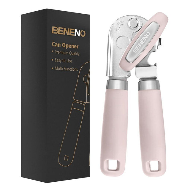 Can Opener Manual, Can Opener with Magnet, Hand Can Opener with Sharp Blade Smooth Edge, Handheld Can Openers with Big Effort-Saving Knob, Can Opener with Multifunctional Bottles Opener, Light Pink