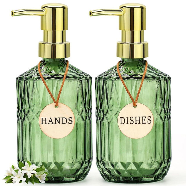 Ritrsvey Green Glass Soap Dispenser (15.4 Oz, 2 Pack), Kitchen Hand and Dish Soap Dispenser Set with Golden Rust Proof Pump, Vintage Bathroom Hand Soap Lotion Dispensers