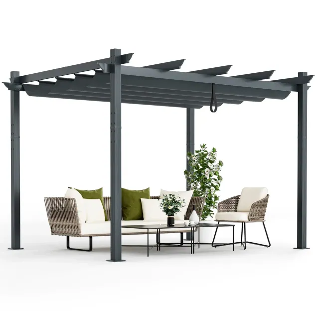 Costway 10x12ft Outdoor Aluminum Retractable Pergola Canopy Shelter Grape Trellis Gray