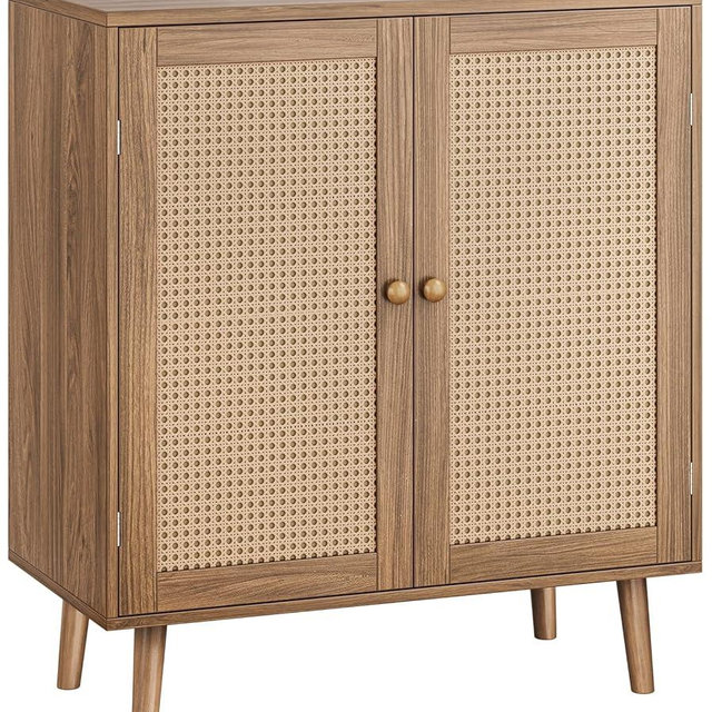 Huuger Buffet Cabinet with Storage, Storage Cabinet with Synthetic Rattan Decor Doors, Accent with Solid Wood Feet, Sideboard for Hallway, Entry, Living Room, Walnut