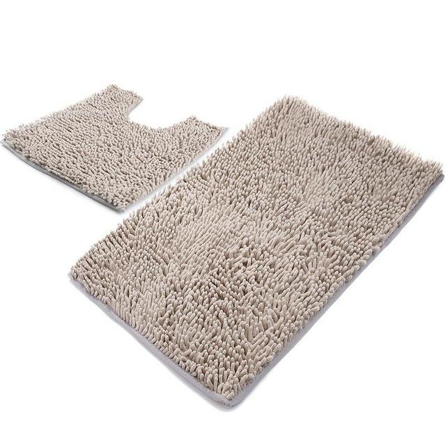 VDOMUS Microfiber Bathroom Contour Rugs Combo, Set of 2 Soft Shaggy Non Slip Bath Shower Mat and U-shaped Toilet Floor Rug (Light Gray)