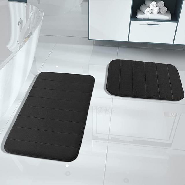 Yimobra Memory Foam Bath Mats Set of 2, Non Slip - Super Water Absorption Soft Bathroom Mats Rugs, Thick, Dry Fast, Machine Washable for Bathroom Floor Rug, 17x24+31.5x19.8 Inches, Black