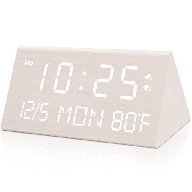 fomobest Wooden Digital Alarm Clock, 0-100% Dimmer, Dual Alarm Settings, Weekday/Everyday Mode, 9 Mins Snooze, 12/24H, Temperature and Date Display, Modern Clock for Kids Bedroom Living Room