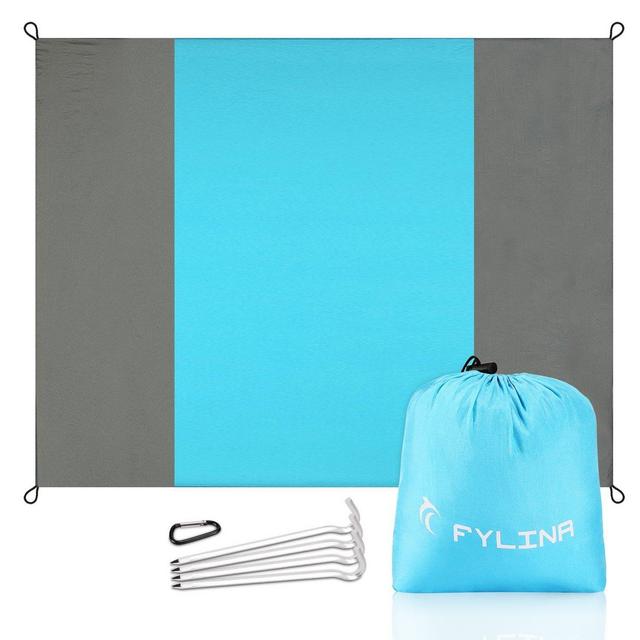 FYLINA Sand Free Beach Blanket Quick Drying Ripstop Nylon Compact Outdoor Picnic Beach Mat Size 7'x9' with 4 Weightable Pockets + 4 Anchor Stakes