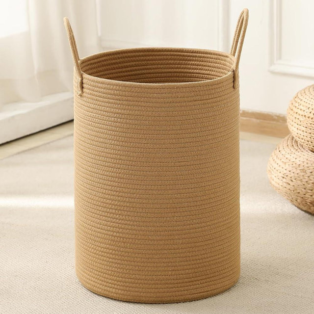 Woven Laundry Hamper Tall Rope Storage Basket for Blanket toys Dirty Clothes in Living Room Bathroom Bedroom (Jute Brown, 60L/15.8Gal)