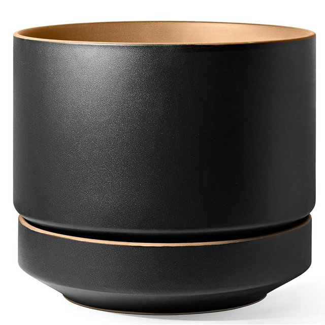 LE TAUCI 14 Inch Large Plant Pot with Saucer, Ceramic Outdoor & Indoor Big Planter with Drainage Hole, Mesh Pad & Plug Included, Matte Glazed Outside, Modern for Home and Patio, Obsidian Black & Ochre