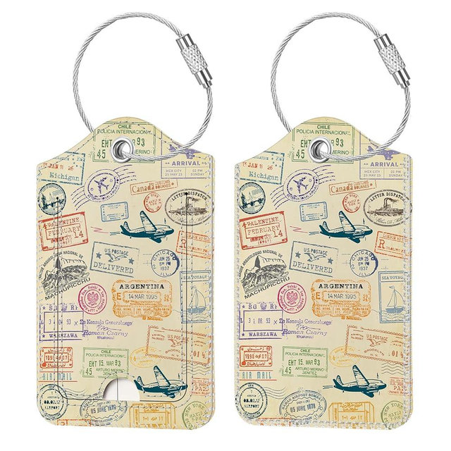 Fintie Luggage Tags, Privacy Cover ID Label with Stainless Steel Loop and Address Card for Travel Bag Suitcase - Postmark (2 Piece)