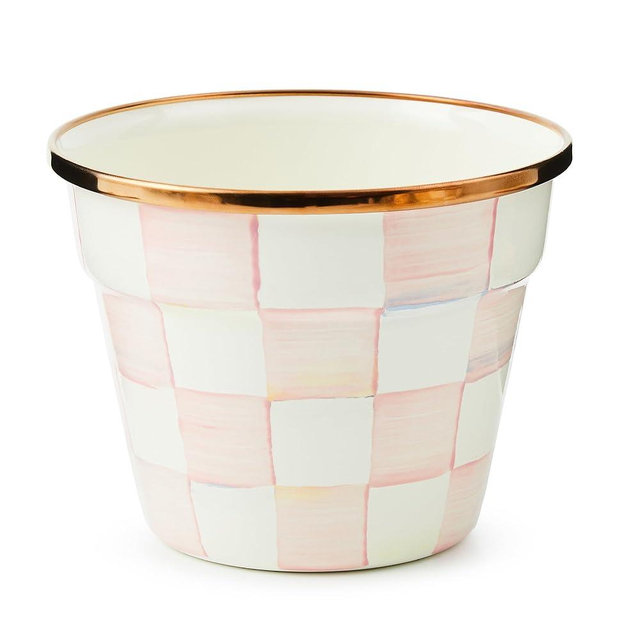 MACKENZIE-CHILDS Enamel Garden Pot, Decorative Pot for Plants, Outdoor Flowerpot Decor, Small, Pink-and-White Rosy Check